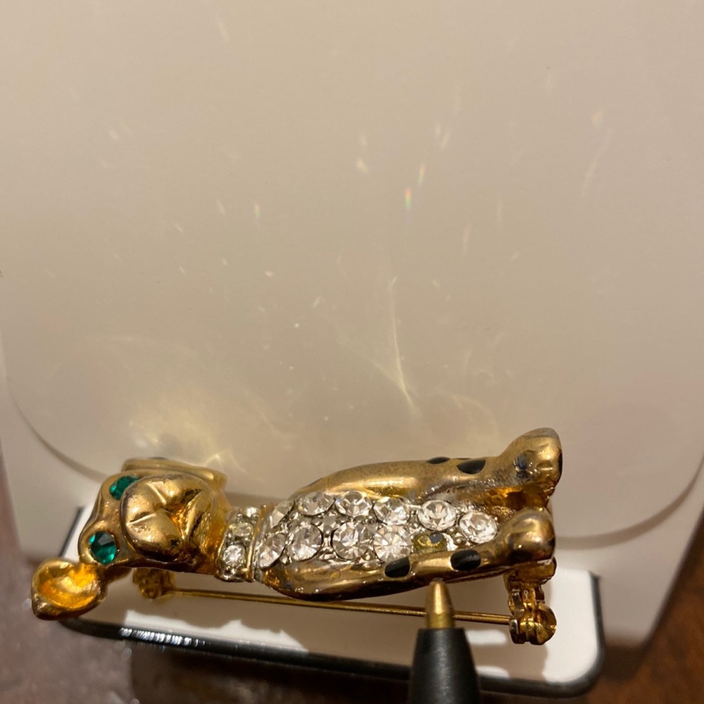 Dog Pin Gold Tone Crystal Rhinestones & Black Enamel Spots, Spotted Dog Brooch - Picture 11 of 11